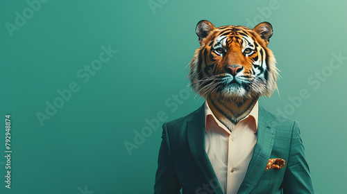 Anthromophic friendly Tiger wearing suite formal business studio shot 