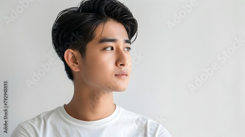 Asian Man Captured in Moment of Deep Thought in Minimalist Studio