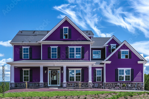 A vibrant violet house with siding, nestled on a grand lot in a quiet subdivision, boasting traditional windows and shutters against a blue sky.