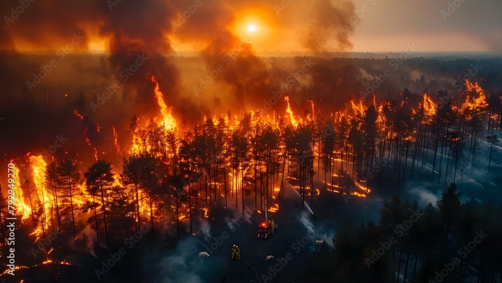 Top view of large forest fires firefighters rescue animals environmental disaster. Concept Forest Fires, Firefighters, Environmental Disaster, Animal Rescue, Top View