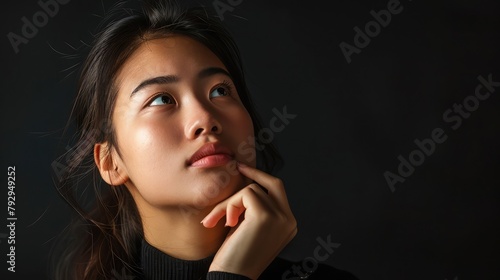 Isolated asian woman thinking about something. studio picture