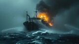 Maritime Disaster: Ocean Liner Ship Ablaze in Stormy Sea. Concept Shipwreck, Ocean Disaster, Maritime Accidents, Stormy Seas, Rescue Operation