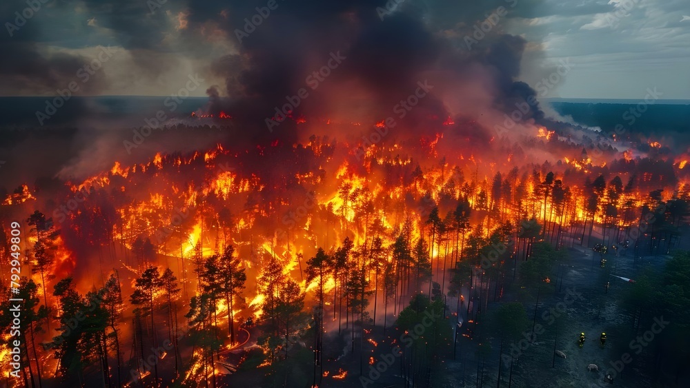 Aerial View of Forest Fires: Firefighters Rescuing Animals in Environmental Disaster. Concept Wildlife Rescue Efforts, Aerial Firefighting, Forest Fire Damage Assessment, Community Support Efforts