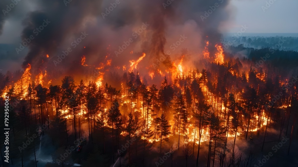 Aerial view of massive forest fires: firefighters saving animals in environmental crisis. Concept Forest Fires, Firefighters, Animal Rescue, Environmental Crisis, Aerial View