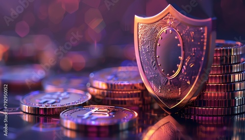 Design an eye-catching digital artwork illustrating a protective shield guarding a stack of coins, representing a comprehensive strategy for earning and saving Incorporate elements of accounting data photo