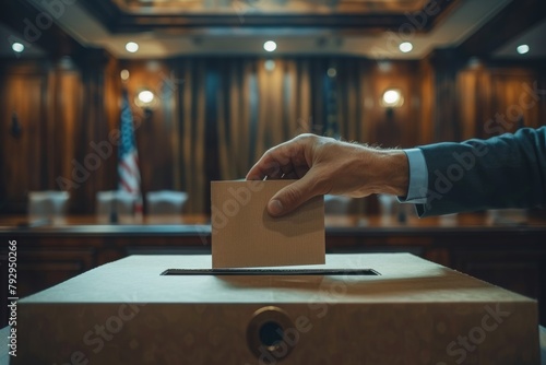 Ballot box voting: Hand depositing vote on USA flag backdrop photo