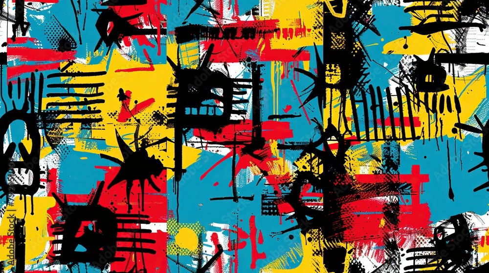 Fototapeta premium punk pop rock style elements abstract face with grungy texture with color splash abstract background, seamless pattern tile, Generative Ai