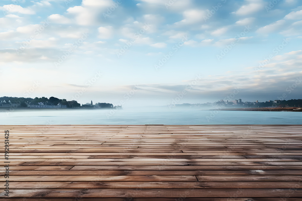 Fototapeta premium Empty brown wooden floor or table blur background mountain river, lagoon, lake, sky. Covered with thick white fog morning mist. Abstract Texture. Landscape from nature, creativity.