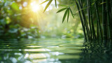 Serene bamboo and water reflection, soothing sunlight effect, spa concept background