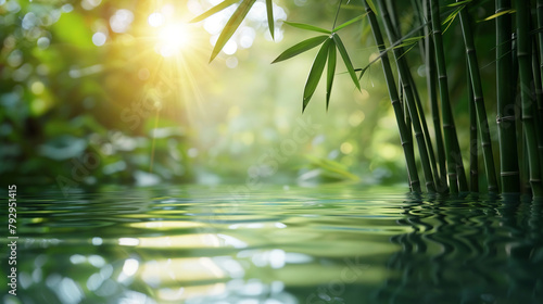 Serene bamboo and water reflection  soothing sunlight effect  spa concept background