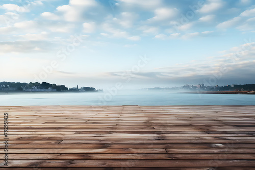 Empty brown wooden floor or table blur background mountain river  lagoon  lake  sky. Covered with thick white fog morning mist. Abstract Texture. Landscape from nature  creativity.