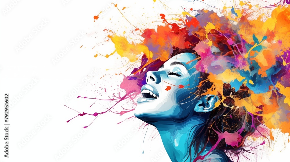 Mental health and creative abstract concept. Colorful illustration of happy womale head in paint splatter style. Mindfulness and self care idea. Banner white background.