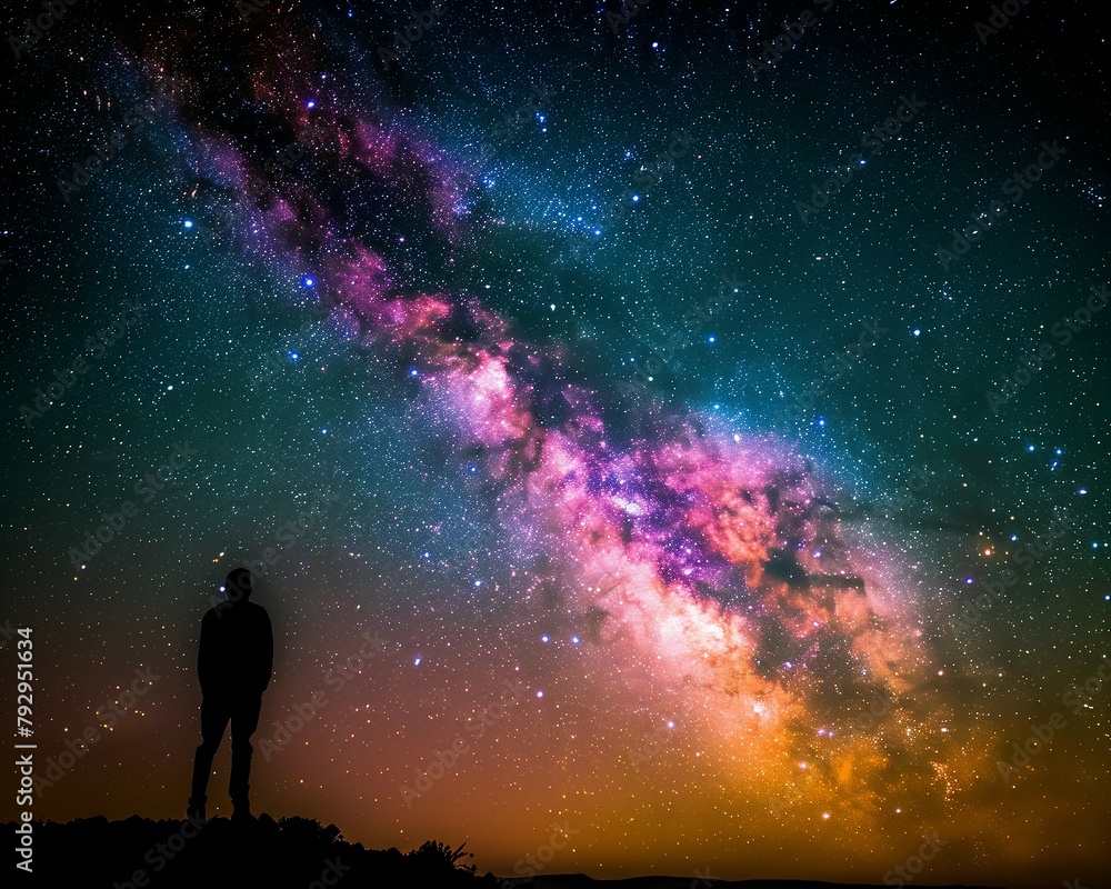 Man stands silhouette Milky Way galaxy sky cosmic nebula starlight