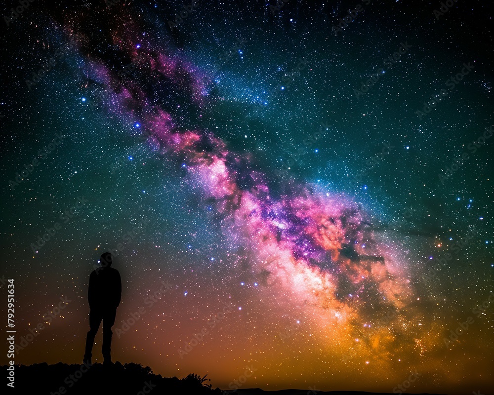 Fototapeta premium Man stands silhouette Milky Way galaxy sky cosmic nebula starlight
