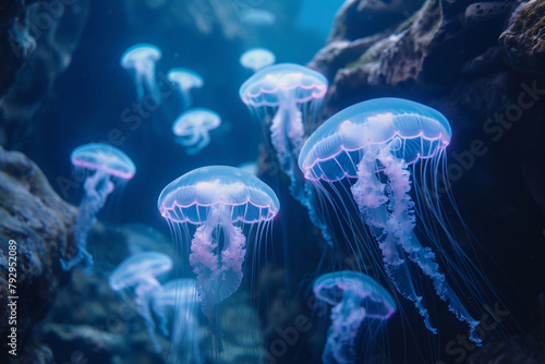 Underwater cave fantasy, jellyfish glow softly, uncluttered and clean background © Atchariya63