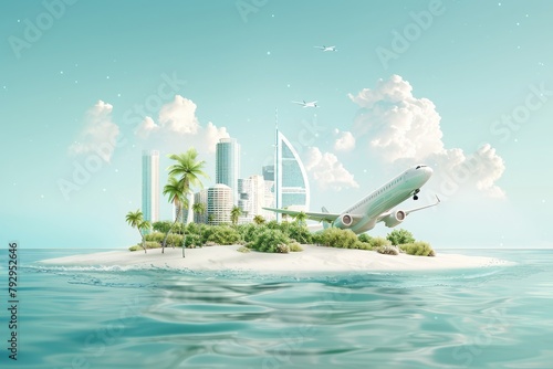 A Tropical Island Cityscape with a Skyline and Airplane, Merging the Allure of a Beach Resort with Modern Urban Luxury, Generative AI photo