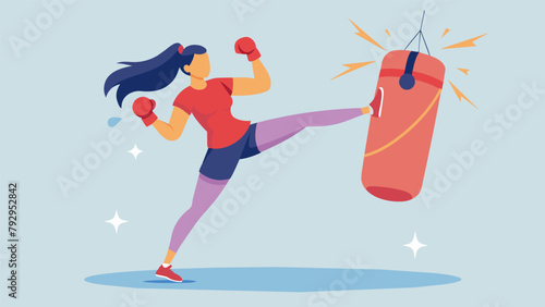 A woman wearing boxing gloves stands in front of a punching bag giving it her all as she unleashes a flurry of punches and kicks in a cardio