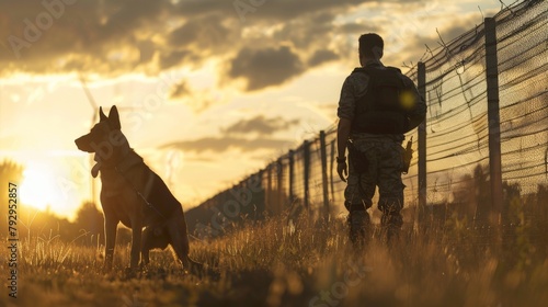 A guard dog and its handler patrolling a perimeter fence, enhancing security with trained canine support photo