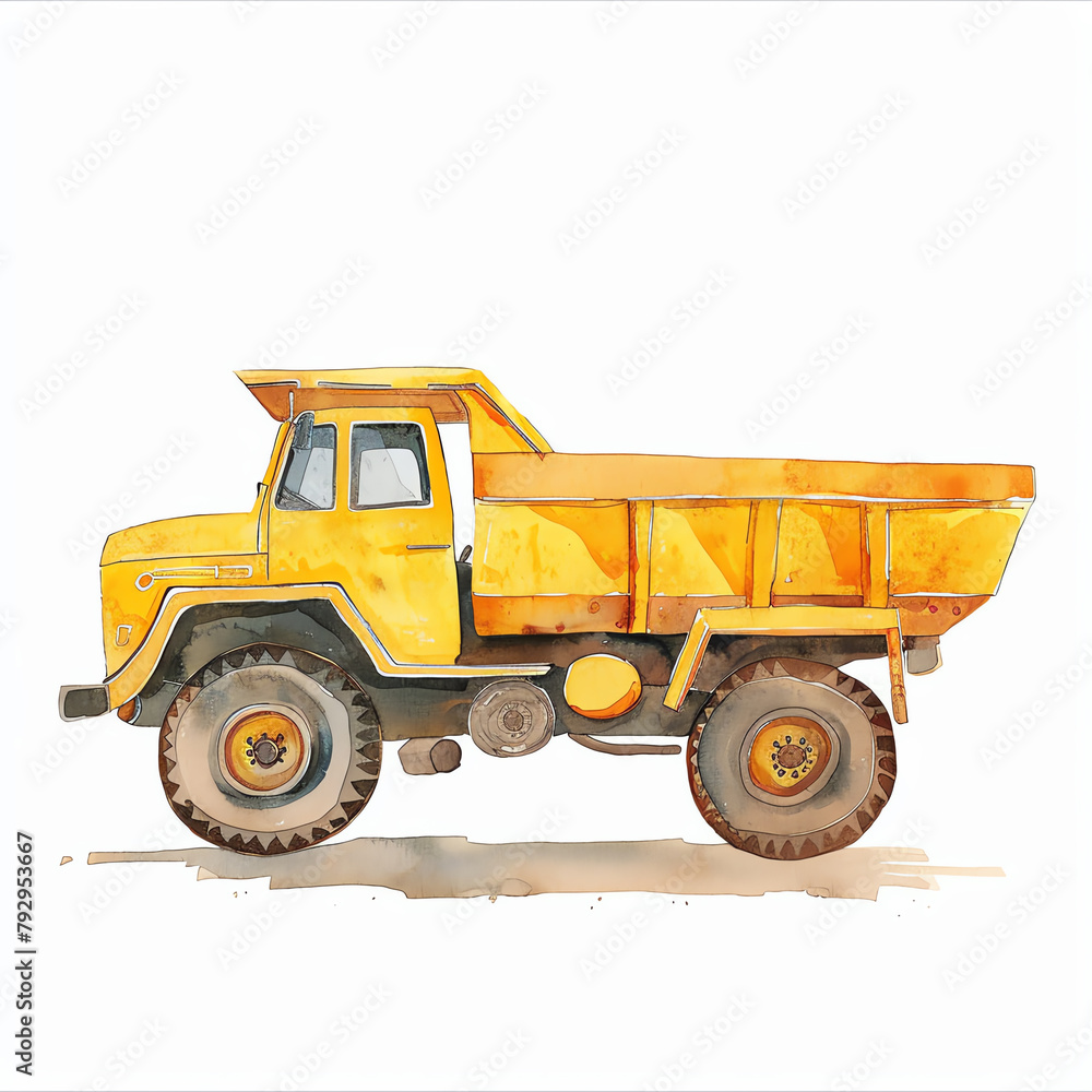 Minimalistic watercolor illustration of a dump truck on a white background, cute and comical,