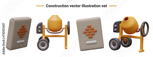 Paper bag with cement, concrete mixer. Set of vector realistic objects in different positions photo