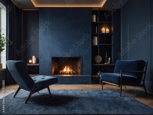 Modern living space with a minimalist fireplace, cozy armchair, and walls painted in a sophisticated navy blue tone.