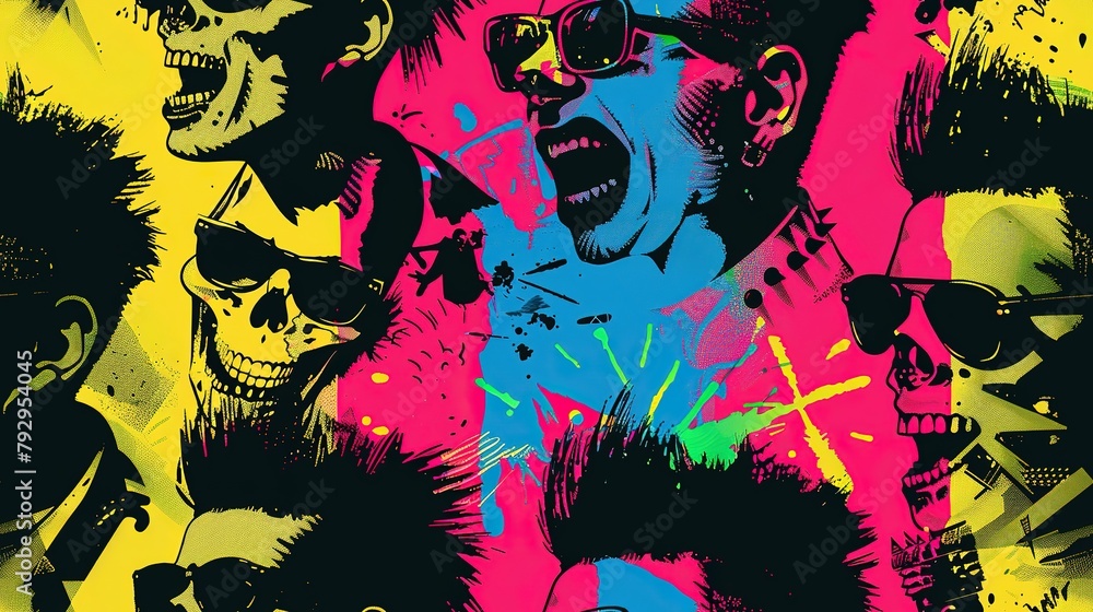 Obraz premium punk pop rock style skull elements with color splash abstract background, seamless pattern tile, Generative Ai