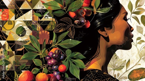 Surreal depiction of a woman s profile seamlessly blending into a background of geometric patterns foliage and fruits creating an immersive artwork