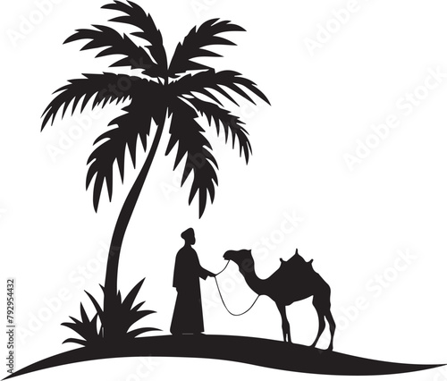 Man with camel islamic element logo with palm tree silhouette icon. Vector illustration