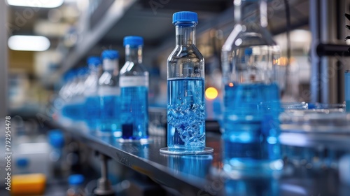 Row of Bottles Filled With Blue Liquid
