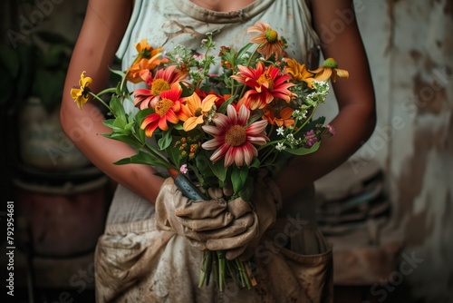 Girl worker in gloves bouquet of flowers. International. Beautiful spring bouquet composition wrenches, hammer tools. Labor Day concept May 1st. Creative flower arrangement. photo