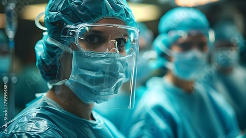 Surgeon in Personal Protective Equipment (PPE) conducting medical procedures in hospital operating room. Concept Healthcare Workers, Surgery Room, Medical Equipment photo