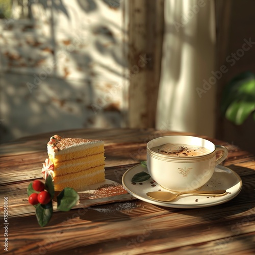 Una pequeña rebanada de pastel, junto a una taza de café con leche photo