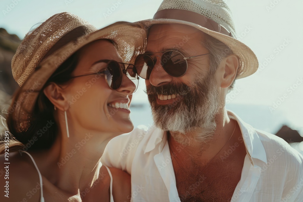 Middle aged couple. Toned picture of happy middle-aged couple enjoying their summer holidays all together near by sea. Beautiful people smiling and looking at each other.