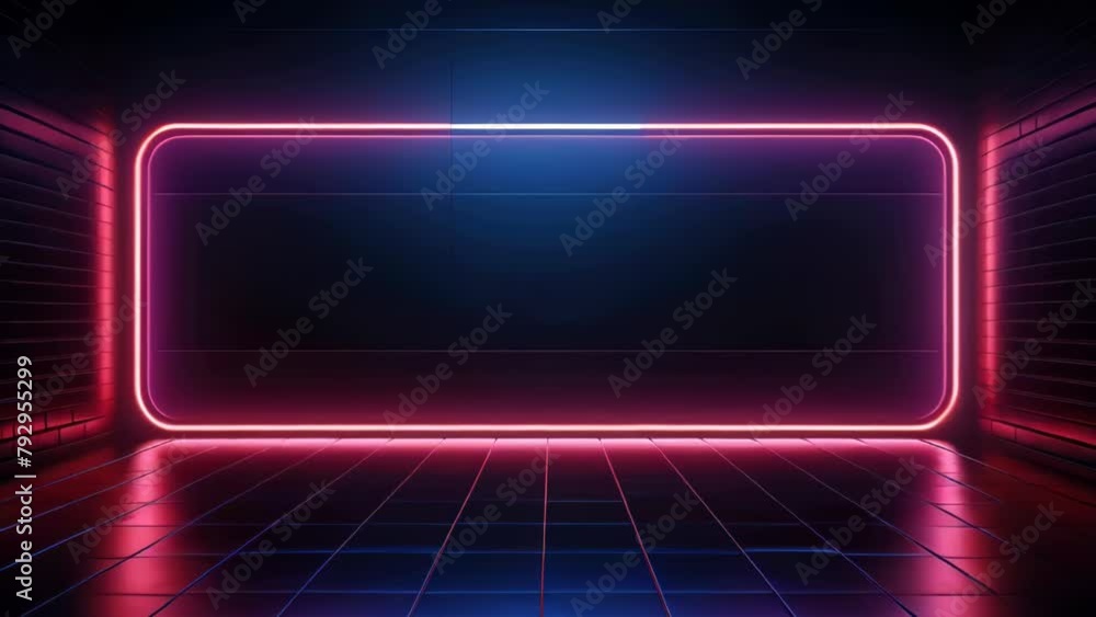 A neon sign with a red border is lit up in a dark room A neon sign with a red border is lit up in a dark room