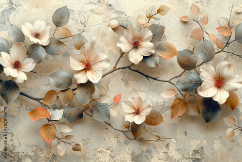 3D floral branch with flowers, leaves and vines in light pastel colors in the style of a wall mural on a beige background. Created with Ai