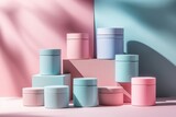 A row of colorful containers are arranged on a pink and blue background