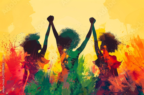 Juneteenth freedom day. The women hold hands and lift them up. Emancipation Day or Black Independence Day. African-American annual holiday, June 19. Copy space