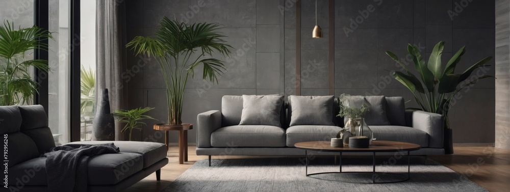 Modern minimalist living space mockup featuring a gray sofa and palm tree, set within a sleek gray interior background for a refined ambiance. - obrazy, fototapety, plakaty 
