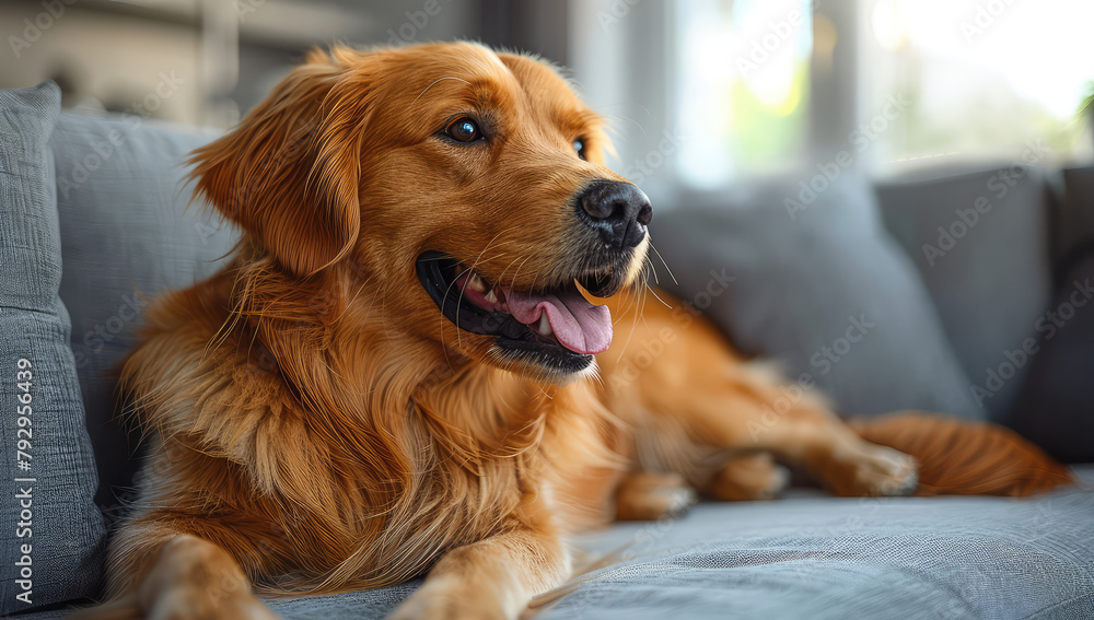A golden retriever dog smiles while lying on the sofa in a bright living room. Created with Ai