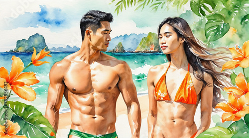 Asian couple walking on the beach surrounded by flowers blossom, watercolor painting style, generative AI.