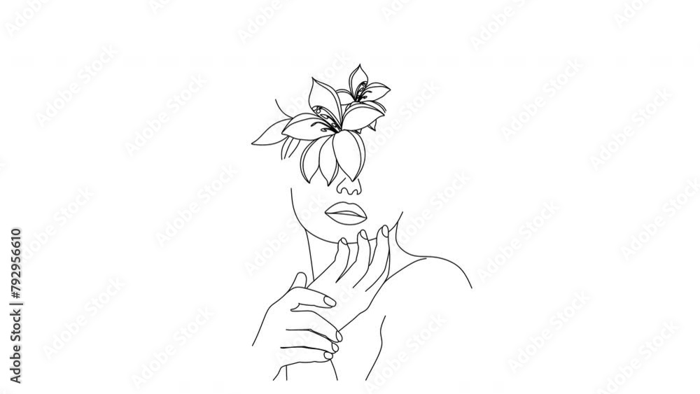 Abstract portrait of a girl's face with flowers. Botanical print ...