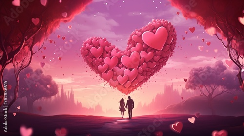 Romantic illustration with couple in love and floating hearts.
