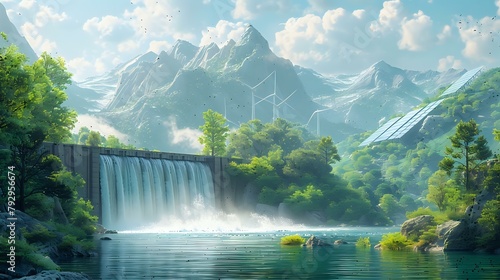 Sustainable Technology: Hydroelectric Dam, Wind Turbines, and Solar Panels