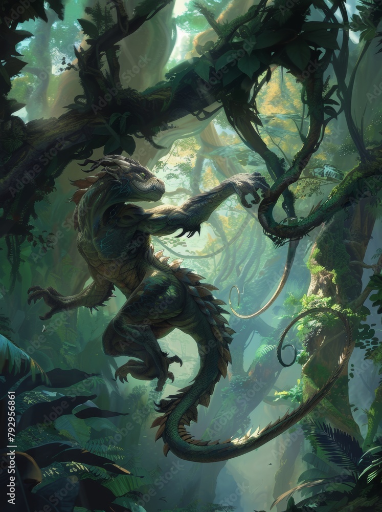 Mystical forest dragon perched in lush jungle