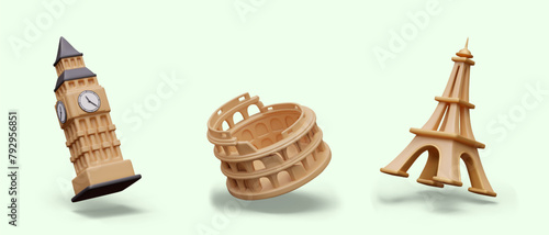 Set of architectural monuments, symbols of different countries. Big Ben, Colosseum, Eiffel Tower