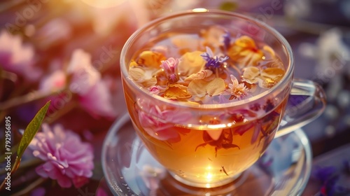 Cup of herbal tea with flowers on the table at sunset