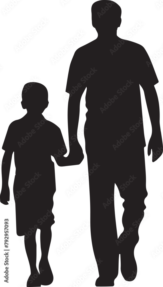 Father and son holding hand walking black silhouette icon. Father and son love. Vector illustration Father and son holding hand walking black silhouette icon. Father and son love. Vector illustration