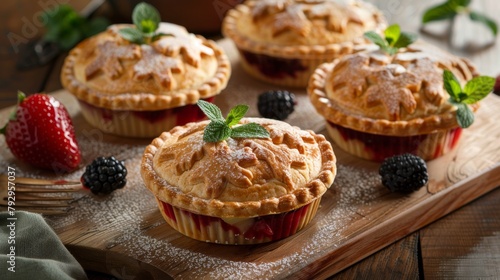 Homemade berry tartlets on a wooden board, selective focus