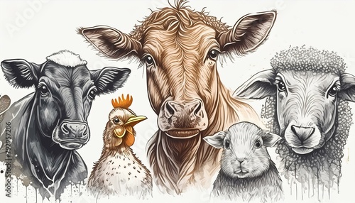 Animals meet types ink illustrations set, hand drawn illustrations of cow, chicken, pig, sheep, goat and duck. Domestic farm animals isolated on white background, vector illustrations photo