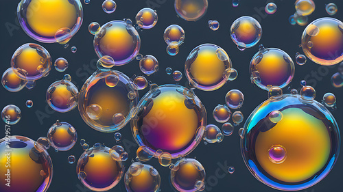 many rainbow soap bubbles on a dark background. Transparent multi-colored soap bubbles. illustration.